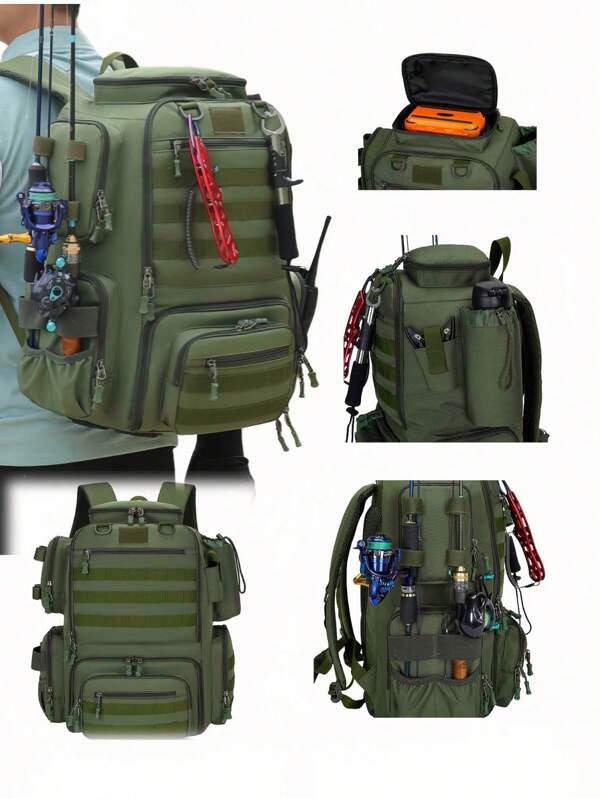 Angelrucksack mit Angelrutenthalter, Angeltasche für Frauen mit Wasserbehälter, Aufbewahrungstasche für Angelausrüstung, Rucksack für Angelausrüstung, Angeltasche, Taktischer Rucksack in Tarnfarben, Bergsteiger-Rucksack, Camping-Tasche, Geschenke für Männer, Geschenke für Frauen