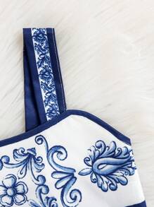 2pcs/Set Infant&Baby GirlBlue & White Porcelain Print Camisole Top & High Waist Mid-Length Skirt Outfit, Spring/Summer