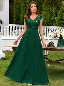 MIUSOL V领亮片蕾丝短袖雪纺荷叶边长款连衣裙，优雅女士派对礼服，正式晚礼服，舞会礼服，适合婚礼宾客、毕业典礼、盛大晚宴等场合，也适合情人节春季穿着。 - 墨綠色 - 查看 4