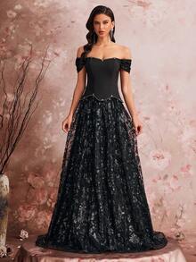 Women's Elegant Evening Gown, Luxurious Beaded Formal Party Dress, Custom-Made Strapless Maxi Dress With Oversized Skirt And Back Tie, Suitable For Parties, Graduations, Weddings, Galas, And Formal Events - Black - View 9