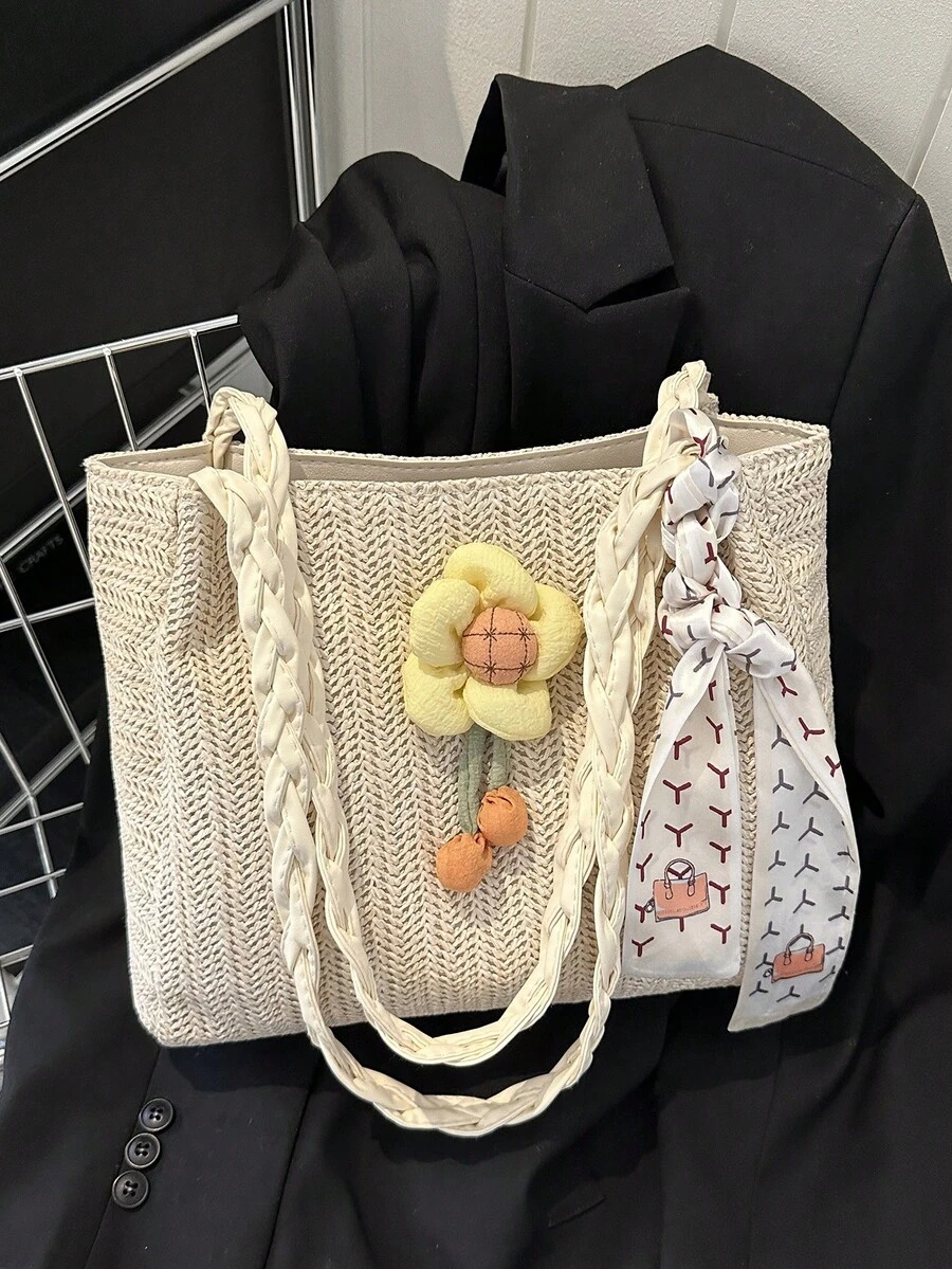 Túi Tote Dệt Hoa Hướng Dương Tươi Mới, Túi Đeo Vai Thời Trang Mới 2025, Túi Xách Dệt Đi Biển Phiên Bản Hàn Quốc Cho Nữ