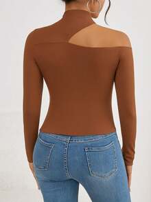 Women's T-Shirt Blouse Suplex Fabric Long Sleeve High Neck Asymmetrical Cut Ideal For Meetings And Casual Use - 鏽棕色 - 查看 1