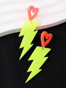 1pc Neon Color Block Acrylic Hollow Lightning & Heart Shaped Stud Earrings, Exaggerated Earrings