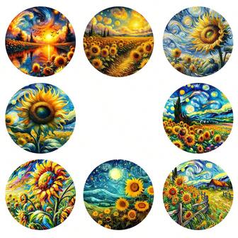 8 piezas/Set Posavasos de madera con diseño de Girasoles de Van Gogh - Posavasos artísticos resistentes al calor, posavasos de madera antideslizantes para decoración del hogar y la cocina, lavables a mano - Adecuados para todas las tazas, excelente como regalo, 1 set de 8, 200 sets de 1600 piezas