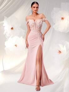 ADYCE Elegant Summer Women's Off Shoulder Hollow Three Dimensional Flower Split Back Strap Ball Party Dress Embroidery Position Random,Gown,Formal,Evening,Wedding Guest - Baby Pink - View 6