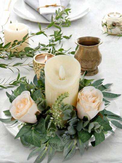 1/4Pcs Artificial Flower Candle Ring Holder For Table Decoration , Candlestick Wreath,Party Decor And Home Decor,Table Festival Party Decoration,Wedding Party Decor, Indoor Shooting Props,Wedding Decor,Living Room,Bedroom Decor