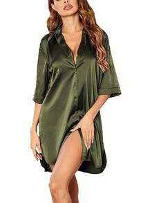 Women's Satin Nightshirt Button Down Sleepshirt Silk 3/4 Sleeve Nightgown Boyfriend Notch Collar Sleepwear S-3XL - 軍綠色 - 查看 1