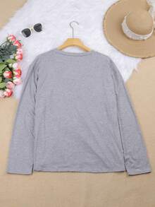 Plus Casual Solid V Neck Simple Fashion T-Shirt Tops - Grey - View 3