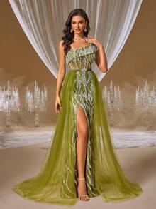 GIFORU Lavender Quartz & White Mermaid Gown Sheer Illusion One-Shoulder Dress With Silver Sequin Beading & Tulle Skirt Perfect For Gala Wedding Or Red Carpet - Olive Green - View 8