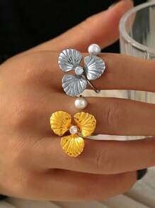 MiDuoDuo 1 pièce Bague fleur de perle de faux en acier inoxydable doré 18 carats, taille ajustable, bijou à la mode