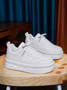 Women's Simple Pure White Leather Patchwork Lace-Up Casual Flat Sneakers, Comfortable Street Casual Outdoor Campus Sports Shoes