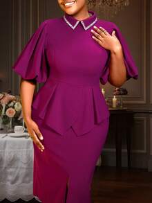Purple Easter Dress Elegant Midi Dress Short Puff Sleeve Turn Down Collar Hot Drill Peplum Hide Belly Spring Outfits For Women
