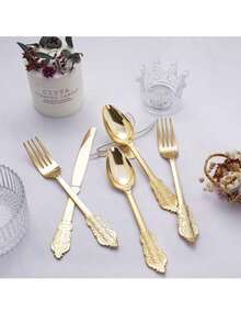 75-Piece Golden Dragon Pattern Party Decorative Cutlery Set (Repeatable For Cleaning), Including 25-Piece Cutlery Knife, 25-Piece Fork, 25 Tablespoons, High-Quality Wedding Cutlery Including Large Events, Parties, Birthdays, Dinners, New Year And New Year And New Year's Wedding And New Year