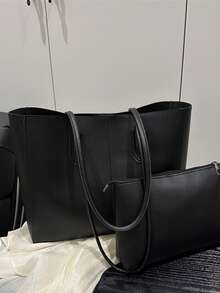 简约别致的 PU 皮革手提包，奢华小众设计，高品质感觉 - 黑色 - 查看 10