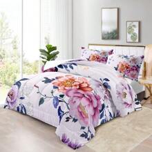 Purple Pink Floral Comforter Set: Twin Size Pretty Botanical Bed Set With Pink Flower Quilt