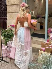 Women Spaghetti Strap Floral Maxi Dress Y2k Halter Lace Trim Tie Up Ruffle Long Dress Summer Boho Flowy Sundress - 彩色 - 查看 4