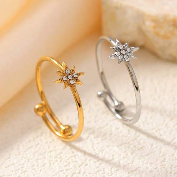 Modieuze en elegante gouden/zilveren ring met kubieke zirkonia en achthoekige ster - Luxe roestvrijstalen ring met open achthoekige ster, kleurvast, veelzijdig en minimalistisch, gepersonaliseerd, geschikt voor koppels, cadeau voor koppels, vriend