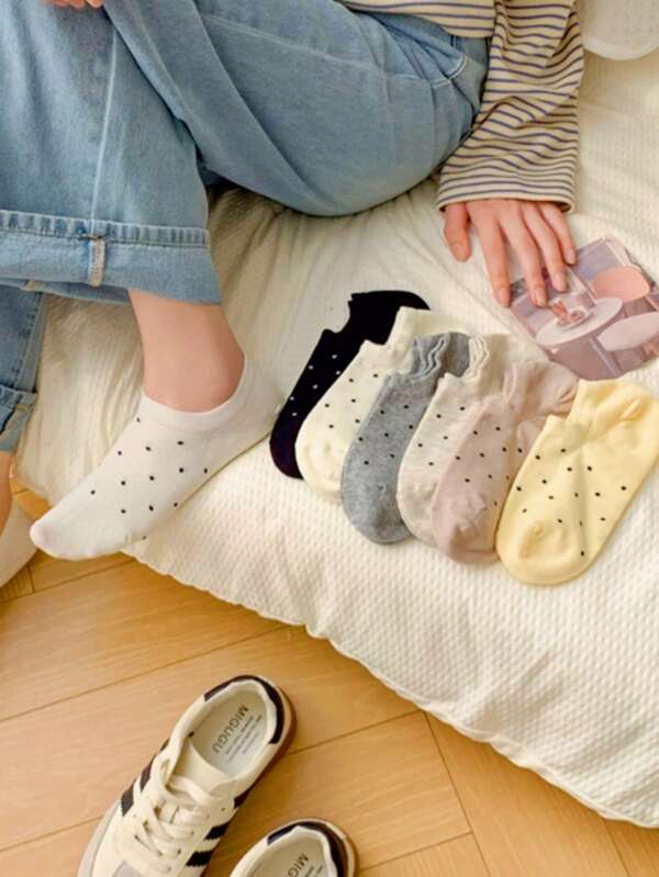 4 Pairs Of Women's Crew Socks, Fabric Design Polka Dot Ankle Socks, Suitable For All Seasons, Random Color