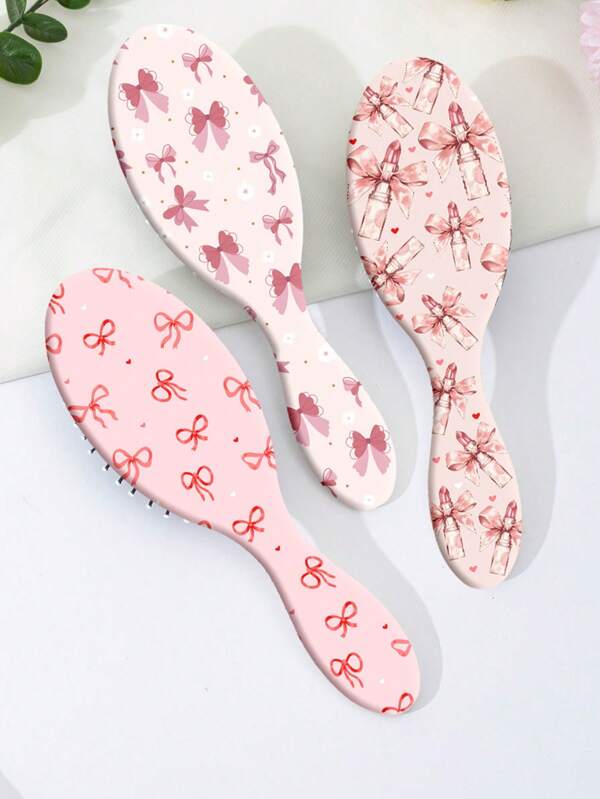 1 pièce Peigne coussin imprimé nœud rose mignon, en nylon, convient pour toutes les saisons, coiffure, accessoires pour cheveux, kit de coiffure, kit d'outils pour cheveux, ensemble de coiffure
