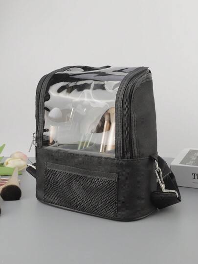 1pc Large Capacity Makeup Organizer Bag, Black Professional Makeup Brush Holder Case, Portable Travel Makeup Pouch, Cosmetic Tool Bag With Stand And Shoulder Strap