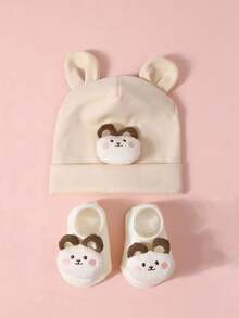 1 طقم قبعة و جوارب وردية محشوة كرتونية طفلية (2 قطعة)، شريط رأس مرن، ناعم ومريح للاطفال الصبيان والبنات، للارتداء الخارجي الكاجوال، بأسلوب عصر الألفية الجديدة