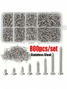 800pcs M2 Stainless Steel Flat Head Self-Tapping Screws Set, Locking Wood Screws Combination, Self-Tapping Woodworking Fasteners Screws, Suitable For Fixing Wood And Metal, 4/5/6/8/10/12/16/20mm