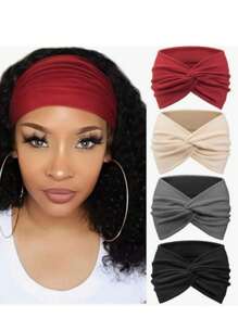 4 pezzi di fasce per capelli nere spesse lisce, stile turbante sportivo annodato, alla moda per donne, fasce per capelli, fascia per la testa, fascia antisudore