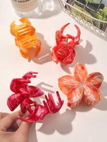 4 件春夏波西米亚甜美亮橙色和红色大理石雏菊花发夹，沙滩发夹套装时尚发饰花爪夹优雅发夹秋冬度假装女士 - 彩色 - 查看 5