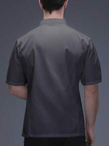 1pc Chef Jacket, Unisex Stand Collar Double-Breasted Short Sleeve Breathable Lightweight Comfortable - Dark Grey - View 2