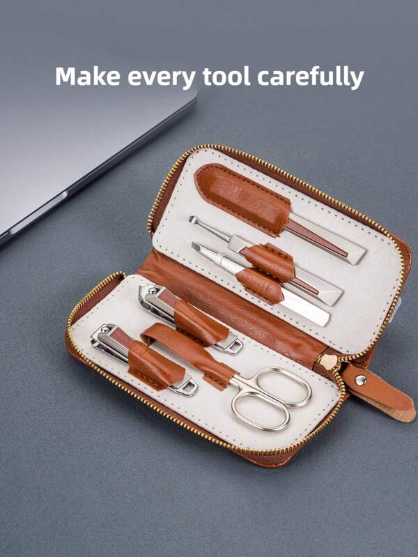 6pcs Luxury Manicure Care Set, Exquisite Portable Leather Case, Asymmetrical Shape, Faux Wood Grain Design, High Quality 420 Stainless Steel, Suitable For Personal Use And Gift