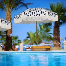7ft Patio Umbrella With Fringe Outdoor Tassel Umbrella UPF50+ Premium Steel Pole And Ribs Push Button Tilt, Cow Polka Dots - Multicolor - View 6