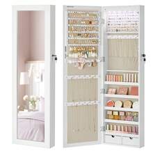 Armoire à Bijoux, Meuble de Rangement Mural pour Colliers, Boucles d'Oreilles, Placard à Accessoires, avec Miroir, Divers Compartiments, Verrouillable, Blanc/ Blanc et Doublure Grège - Blanc et Doublure Grège - Voir 2