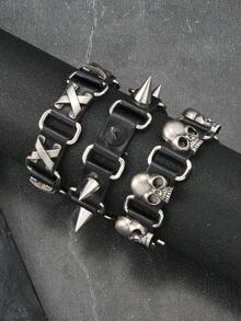 1 件欧美风格朋克摇滚 PU 皮革手链，简单而强大的嘻哈骷髅铆钉图案皮革腕带 - 黑色 - 查看 1