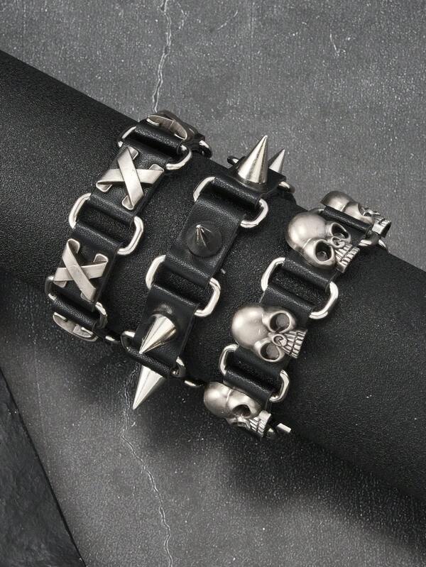 1pc European And American Style Punk Rock PU Leather Bracelet, Simple And Powerful Hip Hop Skull Rivet Pattern Leather Wristband