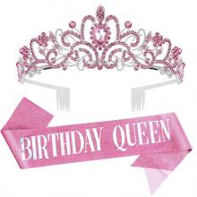 2 Pieces/Set Baroque Rhinestone Birthday Princess Belt Birthday Queen Crown Tiara Rhinestone Birthday Headband Birthday Ribbon Pearl Pin Happy Birthday Crown And Belt Birthday Party Party Decoration Bridal Headpiece Adds A Touch Of Elegance To Your Party Decoration Party Supplies Ribbon