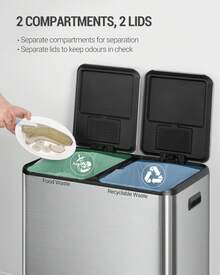HaluPeit Kitchen Trash Can, Waste Separation System 2 Compartments 60L (2 X 30L), Stainless Steel Kitchen Trash Can, Pedal Bin, Waste Bin Quiet Slow Descent, With 15 Exclusive Waste Bags, Silver - Bạc - Xem 3