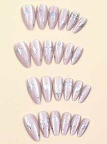 24 piezas de uñas postizas de almendra con brillo, diseños de lazo y estrella plateada, suministros para uñas