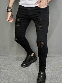 Men's Slim-Fit Black Ripped Jeans - Stretch Denim, Hip-Hop Street Style, Machine Washable - Black - View 6
