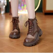 本革の厚いい底のローマのサンダルのサンダルの女性の2025春夏の新型のダブルファスナーのマーティンのネットの靴の透かし彫刻りの通気性のショートブーツ - ブラック - チェックする 8