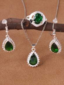 1 Set de joyas clásicas de unicolor con forma de gota de agua, que incluye aretes, collar y anillo, conjunto de 4 piezas de moda - Morado - Ver 1