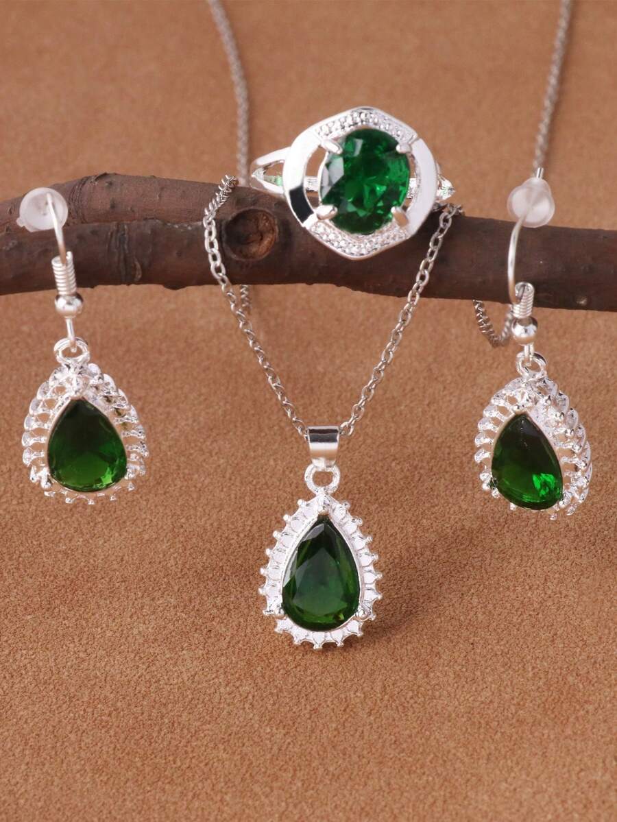 1 Set de joyas clásicas de unicolor con forma de gota de agua, que incluye aretes, collar y anillo, conjunto de 4 piezas de moda - Morado - Ver 1