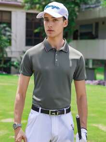 男士撞色滚边高尔夫Polo衫，半扣领，柔软轻盈，商务休闲工作衬衫，适合送给男友，也适合高尔夫、日常穿着、夏季和网球运动。 - 灰色 - 查看 3
