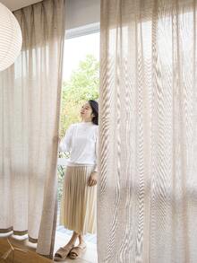 1 件亚麻现代亚麻纱窗帘 - 日式亚麻风格，杆袋设计，适用于客厅和卧室 - 透明轻质滤光窗帘，客厅窗帘，卧室窗帘（面料重量 160 克） - 米色 - 查看 4