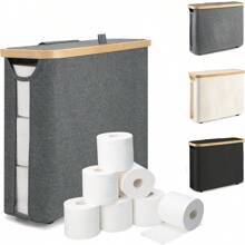 1 pieza Caja de pañuelos cubierta de bambú - Capacidad grande para 9 rollos, organizador de baño elegante con tabillas de madera, adecuado para baños modernos, cesta multiusos | Diseño de estética natural | Textura similar a tela, contenedor de almacenamiento de papel higiénico