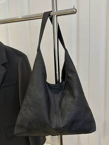 2025时尚牛仔纹理通勤托特包，极简小众设计腋下包，大容量单肩包 - 黑色 - 查看 9