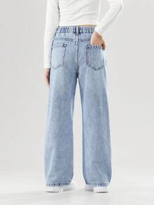 10-14 Year Old Girls' Fashionable Non Elastic Stir Fried Flower Wash Y2K Style Elastic Waist Loose Straight Leg Pants - 淺色水洗藍 - 查看 3