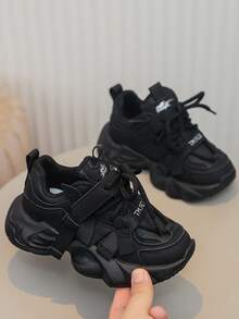 New Spring & Autumn Children Sports Shoes, Girls Comfortable Lightweight Hook And Loop Retro Chunky Sneakers, Boys Fashionable Versatile Running Shoes - Black - View 5
