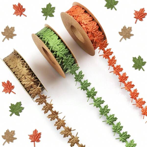 3pcs Autumn Decorative Ribbon, Maple Leaf Shaped Ribbon, Suitable For Thanksgiving, Halloween, Christmas Gifts And Decorations Fall Decor