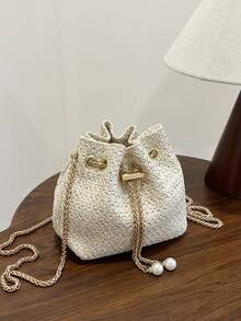 2025 New Woven Small Bucket Bag For Women, Chic Drawstring Chain Shoulder Messenger Bag - Beige - View 2