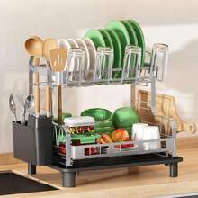 2 Tier Dish Drying Rack For Kitchen Counter, Large Dish Dryer Rack For Saving Space, Stainless Steel Dish Drainers With Cutlery Holder And Cup Rack, Grey - 灰色 - 查看 1